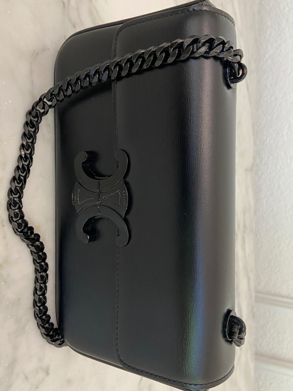 Auth Celine Leather Black on Black Triomphe Bag Chain Strap Black Metal Hardware - Picture 14 of 17